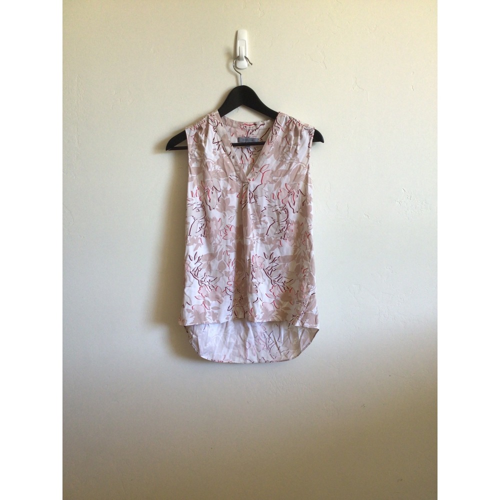 Classiques Entier Womens Silk Blend Sleeveless Floral V-Neck Blouse Tan Red S - Picture 2 of 5